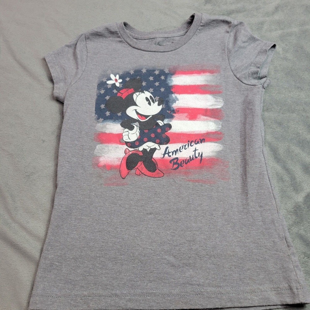 Minnie Mouse Disney Store Shirt Girls 7/8 Grey Patriotic Red White American Top
